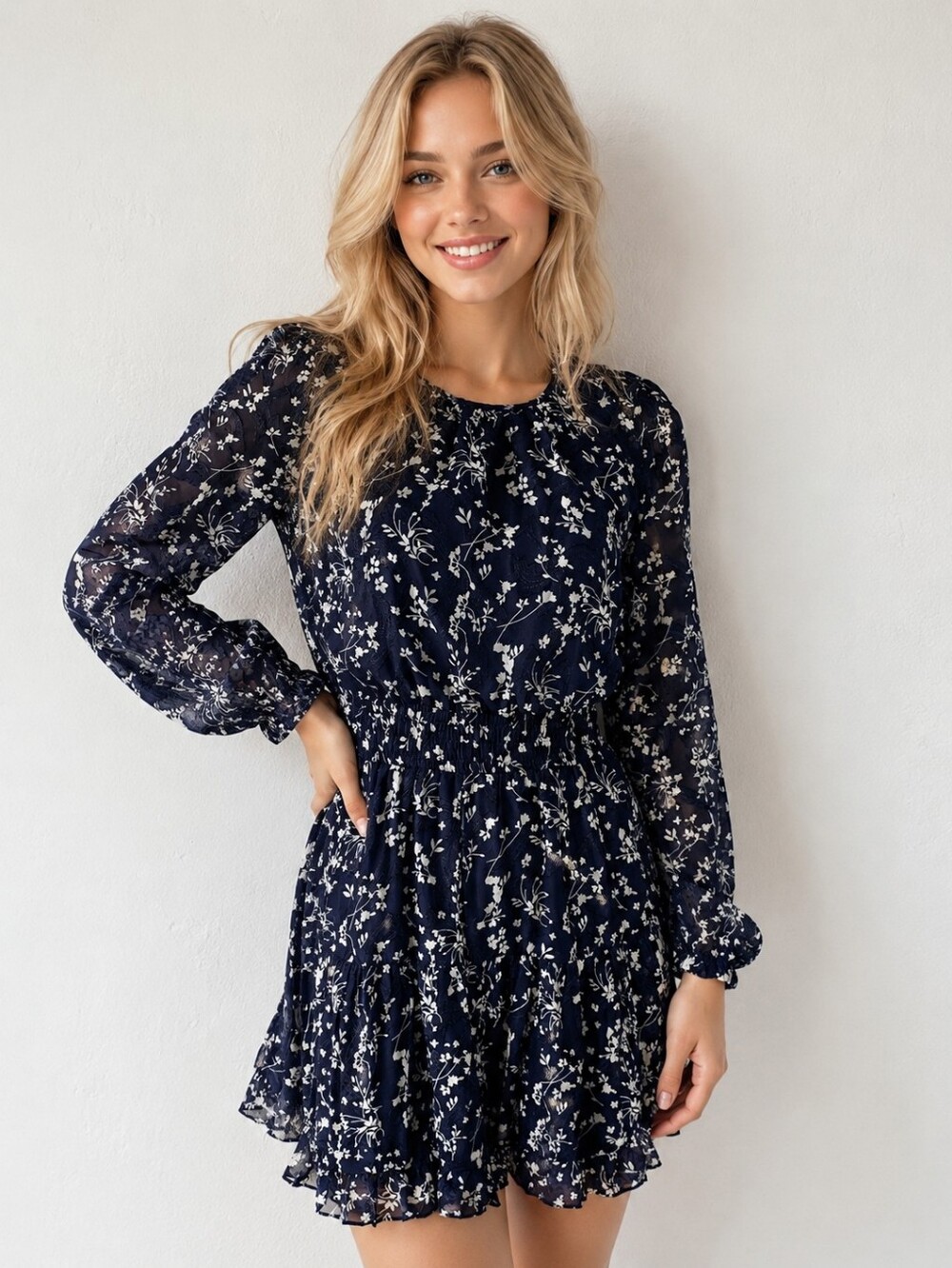 Lulu's Navy and White Floral Long-Sleeve Smocked Dress Sz S Coquette Wedding